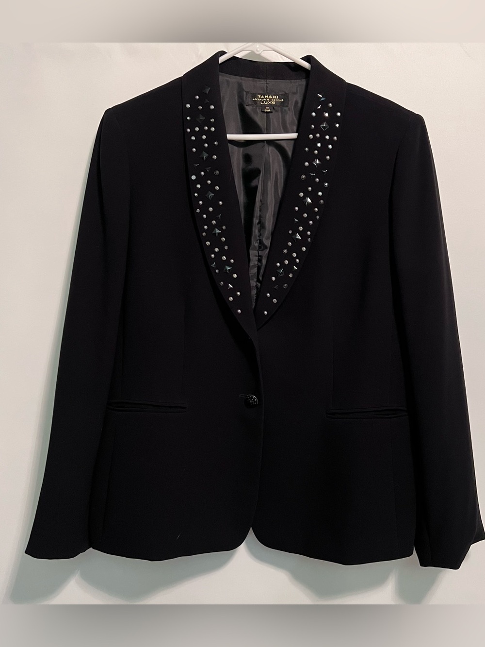 Tahari ASL Black Embellished Shawl-Collar Suit